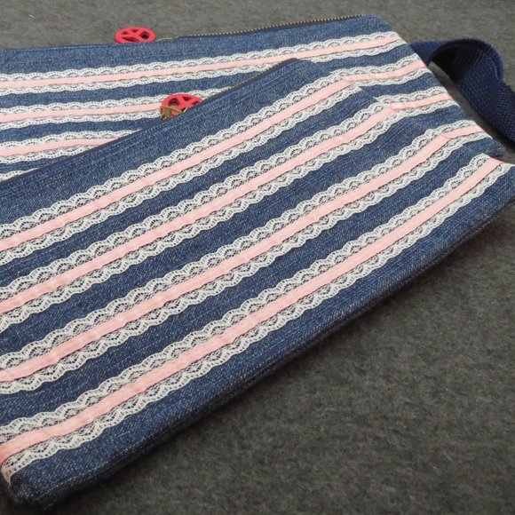 Set of 2 Lace on Denim Zippered Makeup Bag Clutch Purse NEW with Tags - Picture 1 of 6